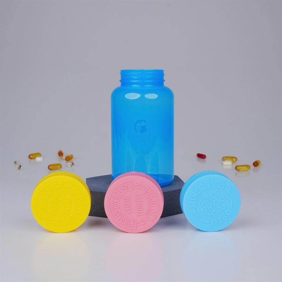 blue pet pill bottle container colored plastic medicine packaging